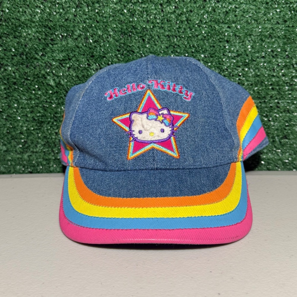 Hello Kitty Denim Hat Rainbow Star Baseball Cap Y2K Multicolor Youth One Size